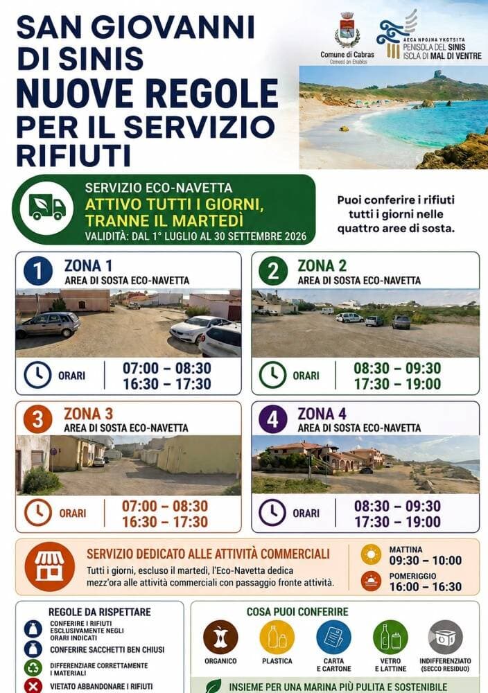 Eco-navette itineranti e isola ecologica in arrivo: ecco come cambia la raccolta rifiuti nelle marine di Cabras