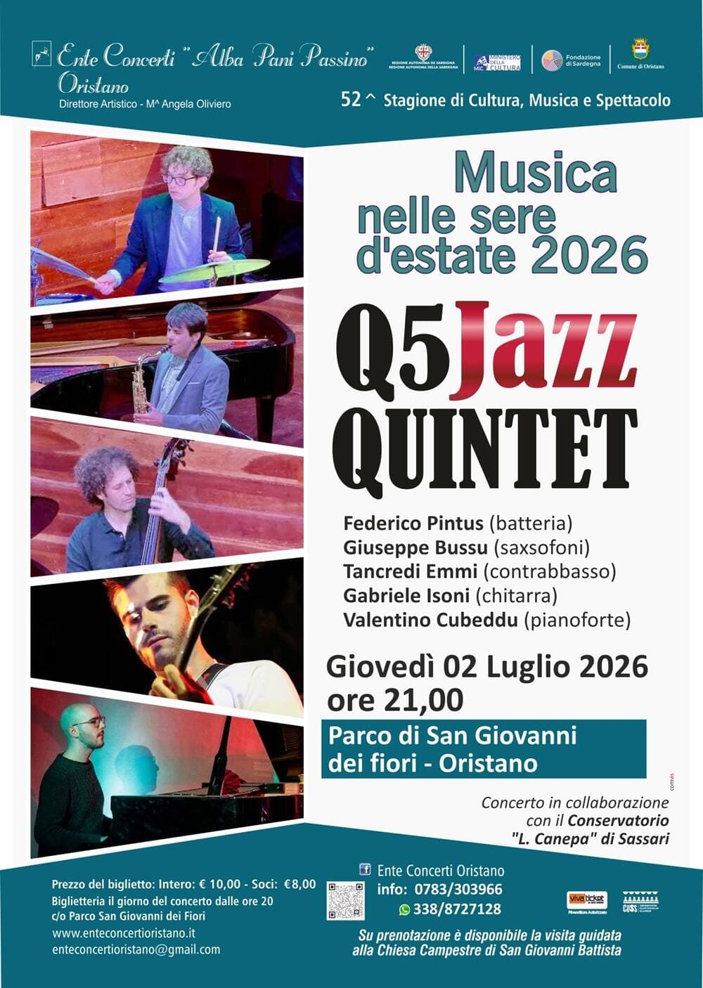 “Musica nelle sere d’estate” al parco di San Giovanni dei Fiori con il Q5 Jazz Quintet